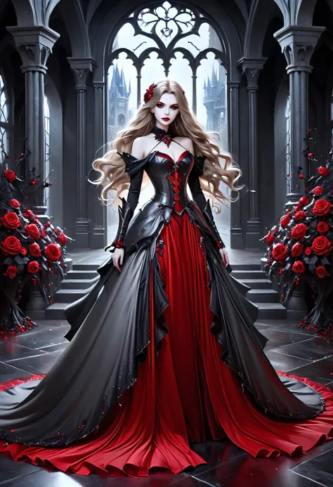 Dark fantasy art, fantasy art, goth art, a picture of a female vampire, exquisite beauty, full body shot, dark glamour shot, pale white skin, dark blond hair, long hair, wavy hair, (icy grey: 1.3) eyes, she wears a (red: 1.3) dress, ArmoredDress, entwi...