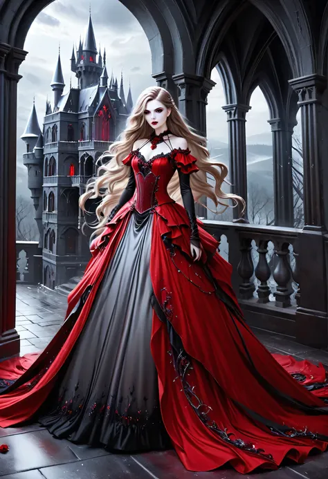 Dark fantasy art, fantasy art, goth art, a picture of a female vampire, exquisite beauty, full body shot, dark glamour shot, pale white skin, dark blond hair, long hair, wavy hair, (icy grey: 1.3) eyes, she wears a (red: 1.3) dress, ArmoredDress, entwi...