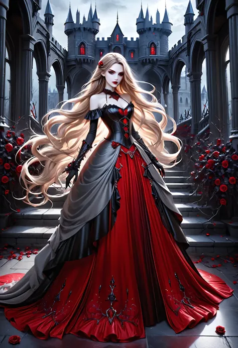Dark fantasy art, fantasy art, goth art, a picture of a female vampire, exquisite beauty, full body shot, dark glamour shot, pale white skin, dark blond hair, long hair, wavy hair, (icy grey: 1.3) eyes, she wears a (red: 1.3) dress, ArmoredDress, entwi...