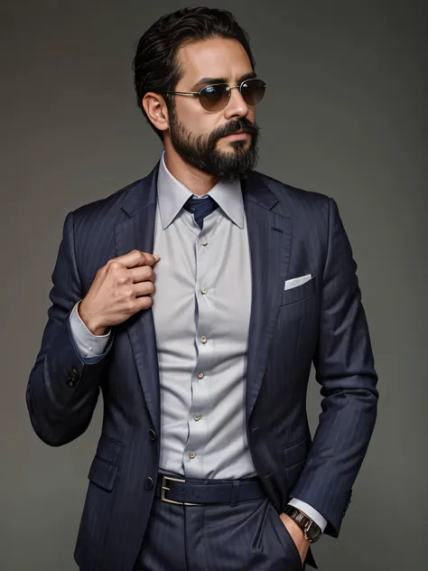 a 38-year-old man with a neatly groomed beard and stylish sunglasses. he is dressed in an elegant, tailored suit, featuring a sh...