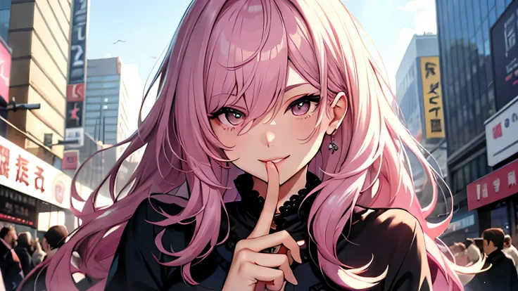 ((highest quality)), ((masterpiece)), (detailed), Perfect Face、crowd in the background, city、Be quiet、Put your finger on your lips、pink hair、Straight Hair、smile、Accurate Fingers、Upper Body、Stylish、