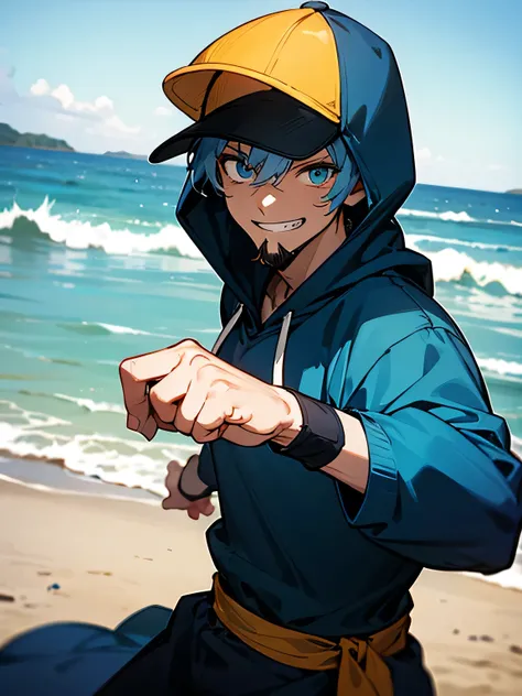 solo, male, looking at viewer,upperbody, sports cap with hooded, dark skin, beard,grin, cerulean blue hoodie,fighting stance, male eyes, male nose, male mouth, muscle:0.6, sea, beach