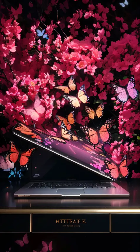 there is a laptop on a table with butterflies, symmetrical hyperreal 8k, beautiful composition 3 - d 4k, hiperreal altamente detalhado 8k, 8k octae render photo, vermelho vibrante 8k, 8k organic art photography, rose petals fly, Highly detailed 8k resoluti...