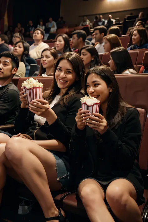 People of various nationalities are sitting in the theater and holding popcorn., Having fun watching a movie