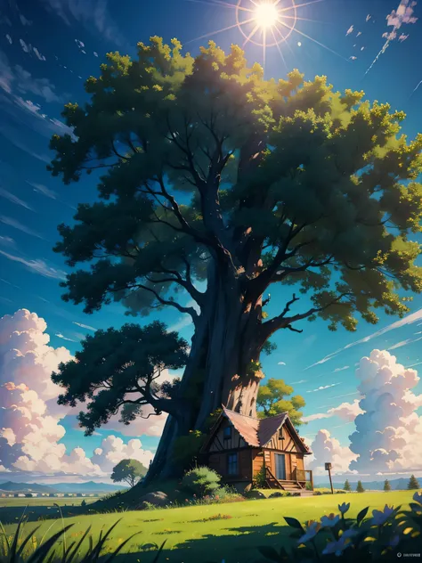 A small house on top of a big tree , View from far , Green and Pink Clouds,Green grass,  Blue Sky,aqua environment , Storm,no humans, piercing sunlight , sun, sunrises,  morning sunlight , one tree , 