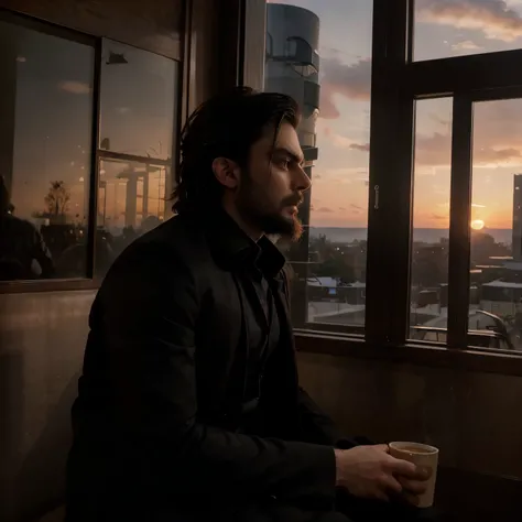 ((Male)), ((looks like fawad khan with beard)), (( black shirt)), ((long coat)), ((sitting in coffee shop)), ((watching outside)), (( candid photo)), ((sunset outside)), Beautiful view outside), (( only side face showing in photo)), (( hd quality)) 