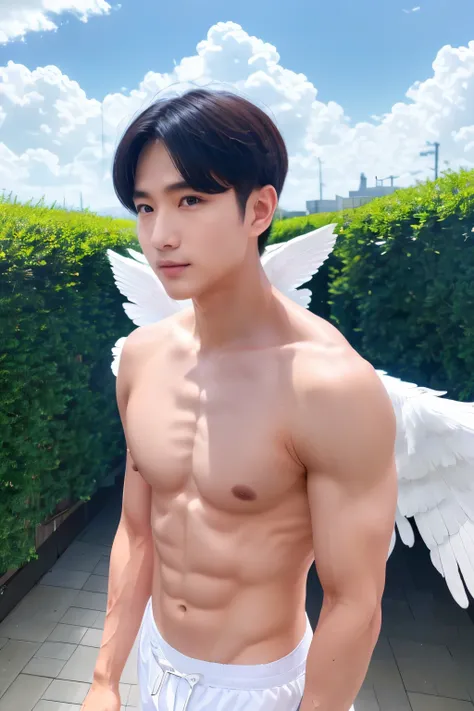 (((masterpiece、high resolution、high quality、Ultra-high resolution、Delicate、sunlight)))1 male、Full Body Shot、Black short hair、White ring on head:1.5、Dense lips、((Angel、White Wings、White Feather、Upper body naked))、Above the Clouds、blue sky、太陽のsunlight