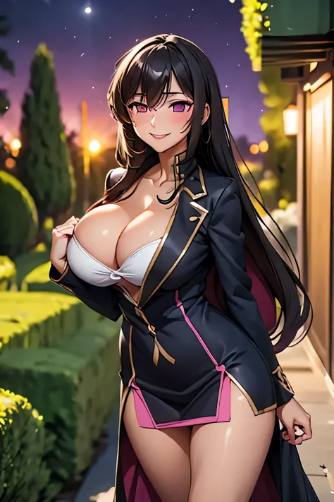 (high quelity), Female Lelouch, JK, cleavage, long hair, mischievous smile, light blush, looking at viewer, huge breasts, precise hands, sexy pose, detailed night garden in the background, empty eyes, dark pink short dress