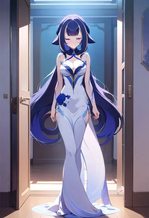 (shylily/(Twich/):1.5),(masterpiece:1.2),(best quality:1.2),Anime girl with long hair and white dress standing in the corridor, Anime visuals, Wear clothes, Wear a beautiful dress