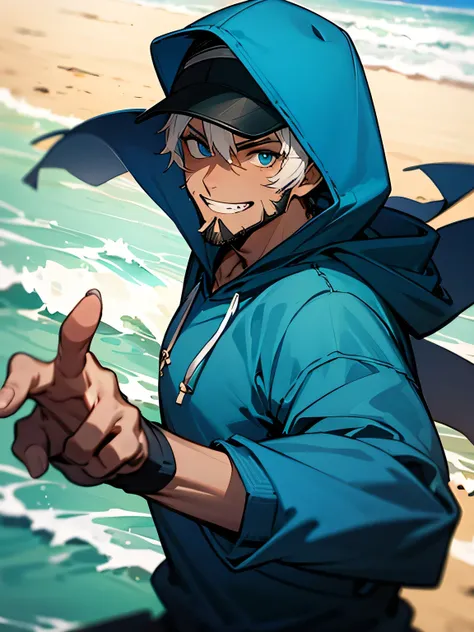 solo, male, looking at viewer,upperbody, sports cap with hooded, dark skin, beard,grin, cerulean blue hoodie,fighting stance, male eyes, male nose, male mouth, muscle:0.6, sea, beach