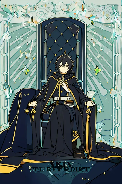 guy , sitting in the dark on a throne , wearing black royal attire