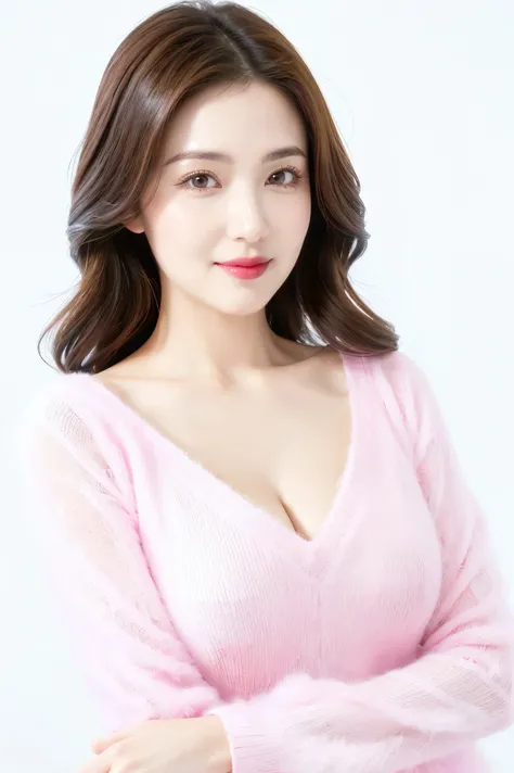 (highest quality、Tabletop、8k、Best image quality、Award-winning works)、One beautiful woman、Beautiful elegant long hair、(alone:1.1)、(Perfect pink fluffy V-neck long sleeve knit:1.4)、(Fluffy V-neck knit:1.4)、(The simplest white background:1.4)、とてもLarge Breasts...