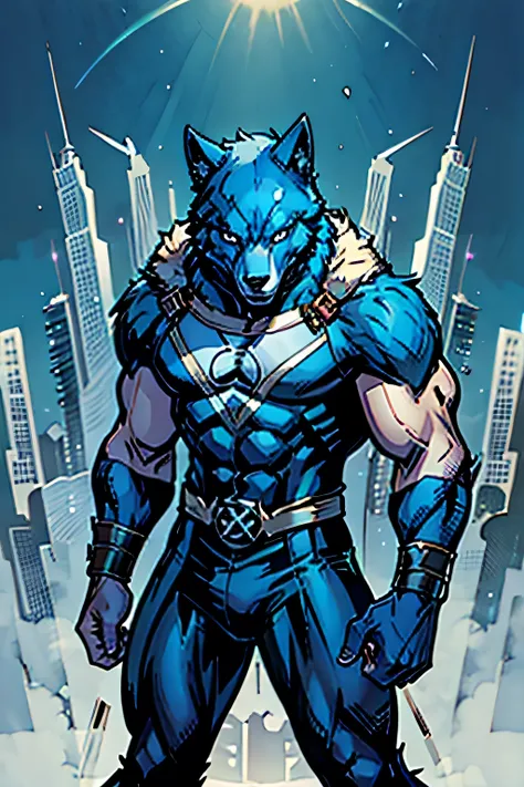 A male muscular furry blue wolf in Marvels hq art style alone