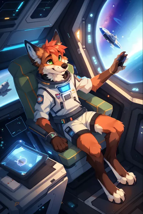 solo，full body，Male，fox，green eyes，brown hands，astronaut，Space，Spacecraft，Science Fiction，space station，Stellaris, ((by keihound, by reysi)), by Zackary911, by hyattlen, by fumiko, by fluff-kevlar, Furry, Anthro,