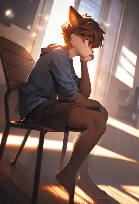 highres, top quality, best quality, paid reward available, High-quality illustrations, unparalleled masterpiece(1boy，Lovely， Casual wear， sit on the chair，Deep)neutral pose, thinking pose(furry anthro)absurdres, perfect anatomy, caustics, dynamic lighting,...