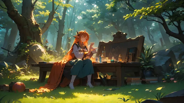 (4K images:1.3),Anime-like images,High resolution,Very beautiful illustration,A fantastic atmosphere,Beautiful girl sleeping in the forest,Elf,Ghibli-inspired design,Hair color is orange