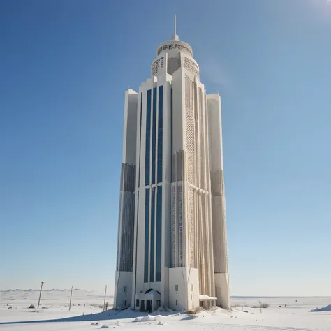 Super tall white tower in the middle of a desert of snow and ice with a bipedal robot next to the tower and smaller than the tower 