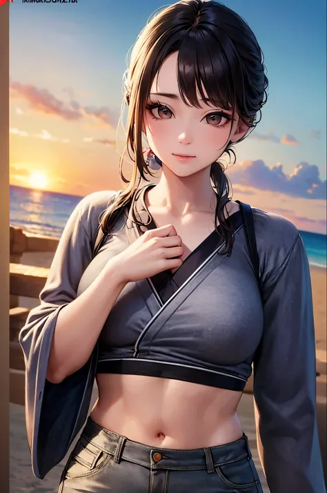 ((highest quality, 8k, masterpiece: 1.3)), One girl, Cute Japanese woman highlighting her slim abs: 1.3, (Random hairstyle, Standard chest: 1.2), uniform: 1.2,   Beach, Highly detailed face, Fine grain, double eyelid、(anatomically correct five fingers)