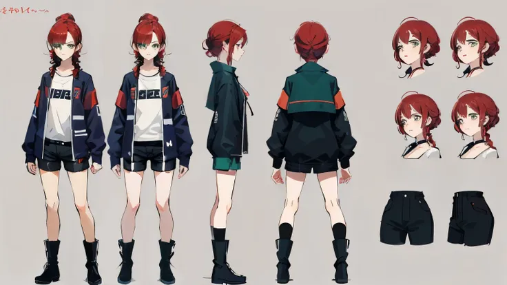 anime girl, redhair, short braid hair, serious face, short black jaket, long boots, wristbrand, cyberpunk, big thigh, green eyes. black mini shorts, short slleve, big chest. simples background, model sheet, chara-sheet