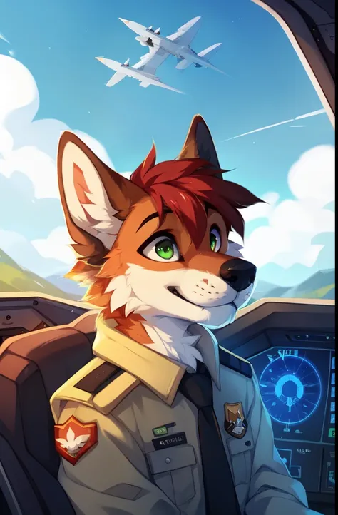 solo，full body，Male，fox，green eyes，brown hands，pilot，F22 fighter，Sky，Aircraft cockpit，air force，Blue sky and white clouds，Stellaris, ((by keihound, by reysi)), by Zackary911, by hyattlen, by fumiko, by fluff-kevlar, Furry, Anthro,