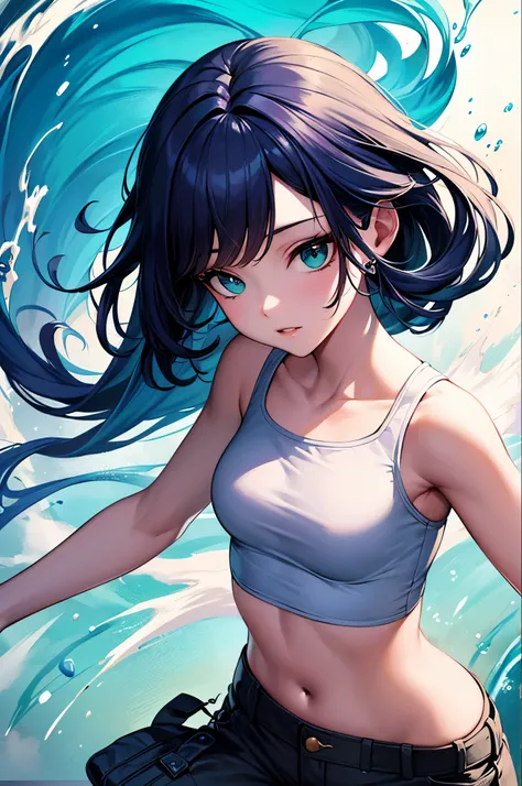 Award-winning Samdo art style、Wearing a crop top and cargo pants、Dark blue teal hair style with head movement、Half-body portrait of a beautiful woman with flowing hair。, Paint splashes, Splash, Overtake, Vaporware, Shaded flat illustration, Digital Art, Tr...