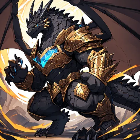 (The tyrannical and powerful Black Dragon King,Technological blue and gold、Black and gold armor :2),(Large dragon body,Huge size,Black and gold pupils,Majestic wingspan,sharp dragon teeth,Sharp dragon claws,Huge paws,Huge dragon claw,Thick dragon tail,The ...
