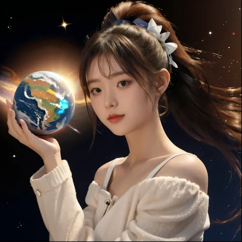 A girl holding planet earth between her hands, jvdaniang, planet size, 1girl,  dress, hair ornament, ribbon, outer space,  ponytail, long sleeves, small breasts, hair ribbon, collarbone, dutch angle, hair between eyes, upper body, medium hair, looking at v...