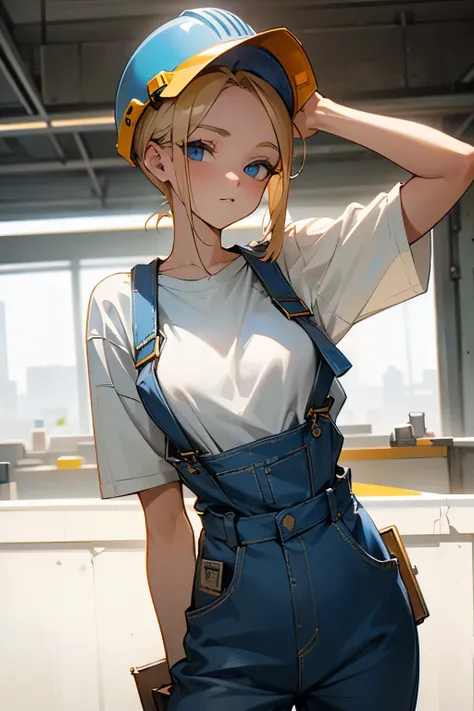 a beautiful young 20-year-old blond woman with pinned-up blond hair, He wears a white T-shirt and blue dungarees, Wearing a construction helmet and a tool belt, Hintergrund eine Baustelle