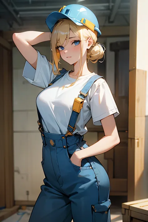 a beautiful young 20-year-old blond woman with pinned-up blond hair, He wears a white T-shirt and blue dungarees, Wearing a construction helmet and a tool belt, Hintergrund eine Baustelle