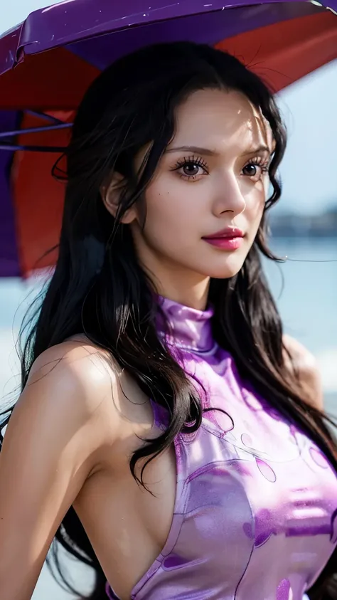 a close up of a person with long hair and a purple clothes, viola, viola from anime one piece, as an anime character, perfect anime face, she has black hair with bangs, female anime character, anime character, anime best girl, hime cut hairstyle, black hai...