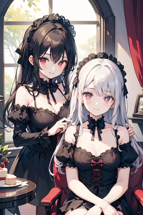 Two girls, looking in mirror, birthday, birthday slash, gothic vampire, smiling, cake, detailed face, one girl sitting, one girl standing, hands on shoulder, inside mirror