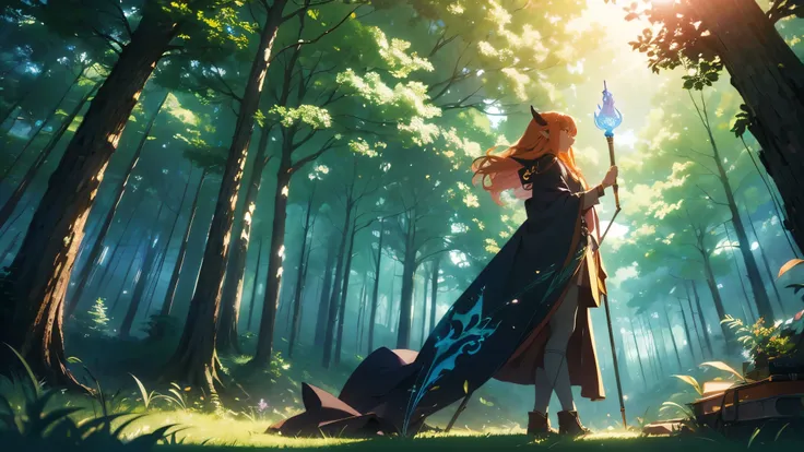 (4K images:1.3),Anime-like images,High resolution,Very beautiful illustration,A fantastic atmosphere,Beautiful girl sleeping in the forest,Elf,Ghibli-inspired design,Hair color is orange,Wizards attire,Cane,Not burning