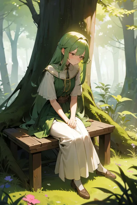 Imagine a girl adorned in a green velvet dress, the hem of her skirt grazing the ground softly, taking a seat on a moss-covered bench nestled deep within a dense forest. Her hair, a cascade of golden curls, shimmers in the dappled sunlight filtering throug...