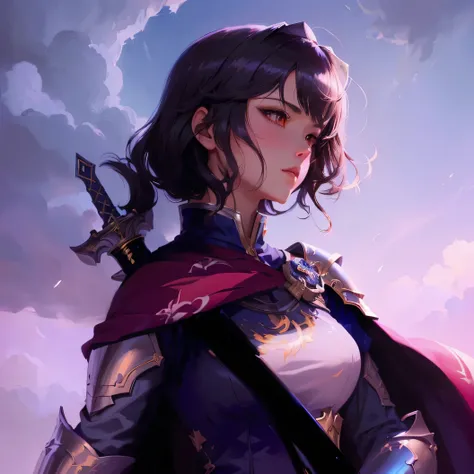 anime girl with sword and cape in front of cloudy sky, portrait knights of zodiac girl, by Yang J, artgerm and atey ghailan, portrait knight female, detailed digital anime art, extremely detailed artgerm, anime art wallpaper 8 k, portrait of female paladin...