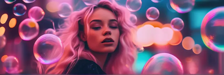 Brandon Woelfel Style - Petra Collins、A mysterious digital core cybergothic dreamscape created by Brandon Woelfel and Liam Wong, Super sharp details, from_above, Bokeh, Shot with Canon 5D Mark III DSLR, (Countless soap bubbles:1.2),(happy dancing,)