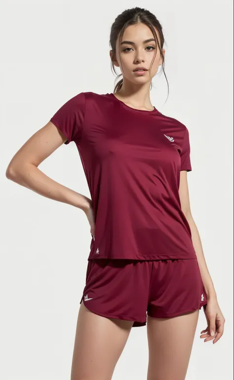 uma mulher com blusa marrom e shorts posando para uma foto, treinar com marrom, sport Camiseta, violet coloured Camiseta, camisa magenta, red Camiseta, Camiseta vermelha, red roupas esportivas, roupas esportivas, white Camiseta with red sleeves, vermelho m...