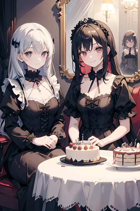 Two girls, looking in mirror, birthday, birthday slash, gothic vampire, smiling, cake, detailed face, one girl sitting, one girl standing, hands on shoulder, mirror, birthday cake, gothic, night time