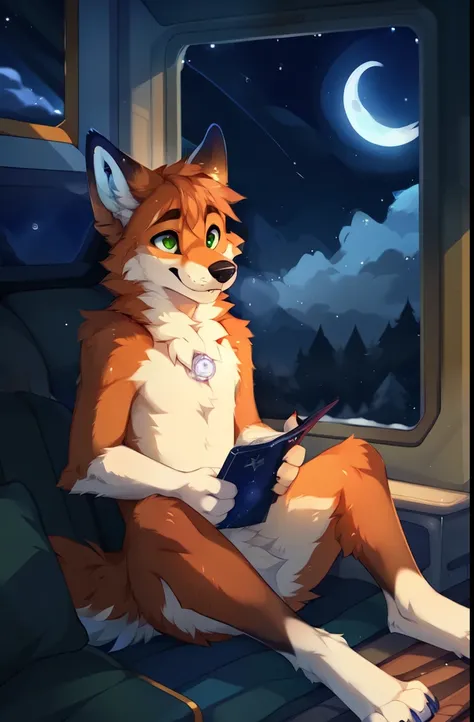 (((polar express))),solo，full body，Male，fox，green eyes，brown hands，Outside the window is the night sky and the Milky Way，Moon outside the window，Stellaris, ((by keihound, by reysi)), by Zackary911, by hyattlen, by fumiko, by fluff-kevlar, Furry, Anthro,