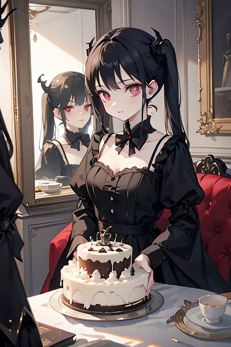 looking in mirror, cake, front view, vampire goth, dark cake