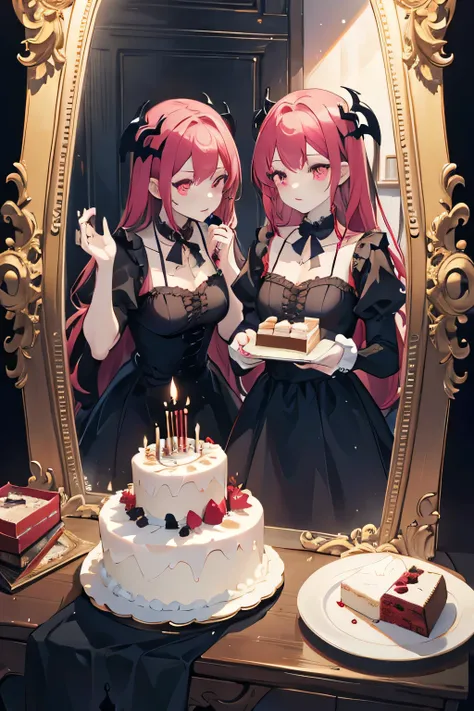 looking in mirror, cake, front view, vampire goth, dark cake, birthday 