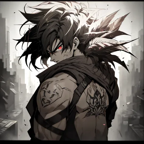 (dark shot: 1.1), epic anime, 1male, battle scars, tribal sleeve tattoo, saiyan tail, red eyes, short spikey hair, destoryed battle gi, broly from DragonBall Super, black and white color scheme, grunge aesthetics!!! graffiti tag wall background, art by Gre...