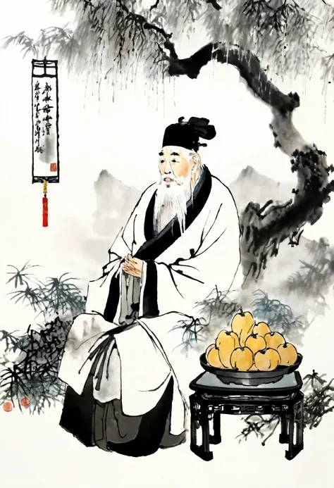 (best quality,masterpiece:1.2),perfect and detailed face,sit under a tree,white-haired old man,medicine gourd,chinese scenery,in...