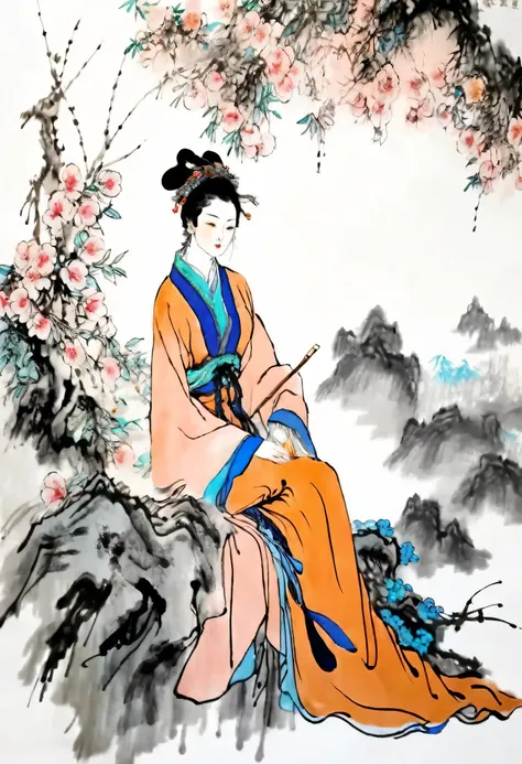 (best quality,masterpiece:1.2),perfect and detailed face,sitting under a peach tree,beautiful girl,do needlework seriously,chine...