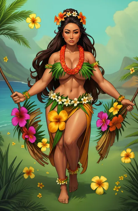 Hawaiian woman wearing a garland of flowers, girl wearing a lei, grass skirt, barefoot, topless