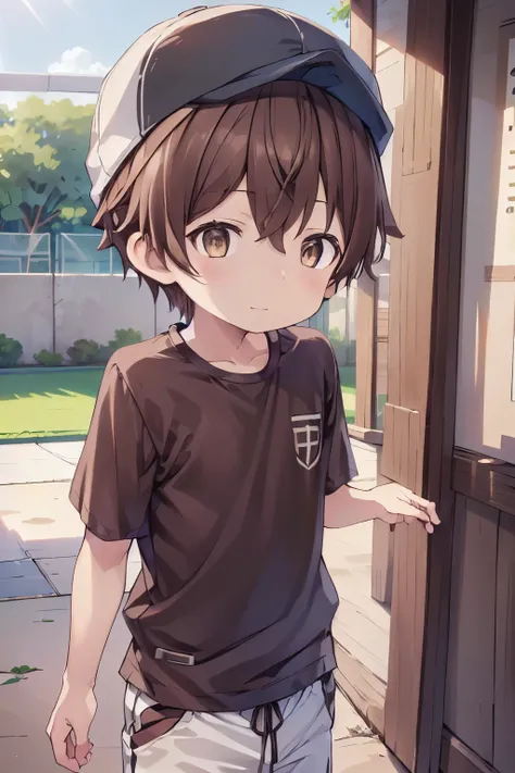 1boy, aoi, brown hair, masterpiece, ultra detail, male focus, soccer shirt, brown baseball cap, brown eyes