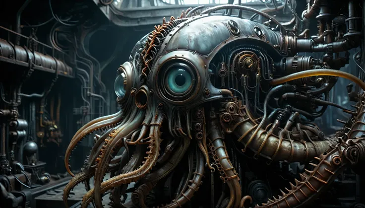 mechanical eye glows with an otherworldly light, Vibrant Kraken, 8k photorealistic, cinematic lighting, HD, high details, dramatic, dark atmosphere, great light, perfect composition, vibrant, lush, glossy, elegant, unreal engine, inspired by HR Giger, half...