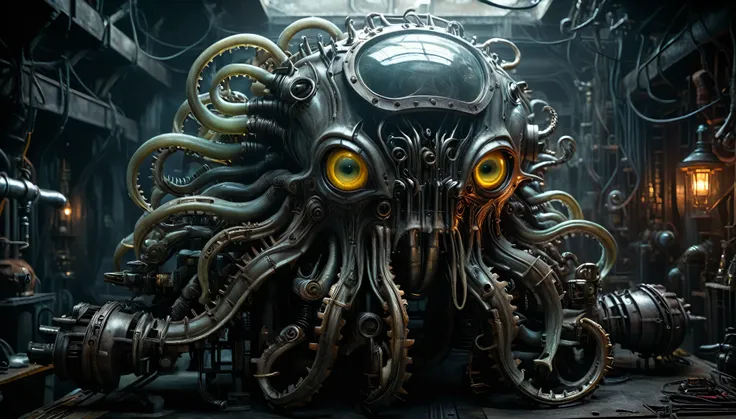 mechanical eye glows with an otherworldly light, Vibrant Kraken, 8k photorealistic, cinematic lighting, HD, high details, dramatic, dark atmosphere, great light, perfect composition, vibrant, lush, glossy, elegant, unreal engine, inspired by HR Giger, half...