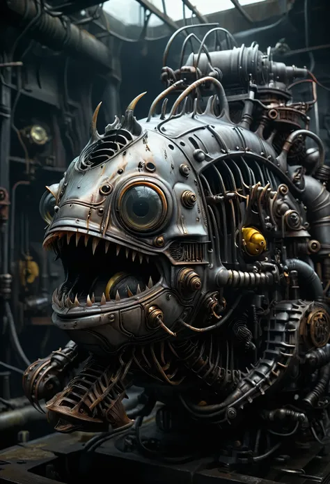 mechanical, anglerfish, 8k photorealistic, cinematic lighting, hd, high details, dramatic, dark atmosphere, great light, perfect...