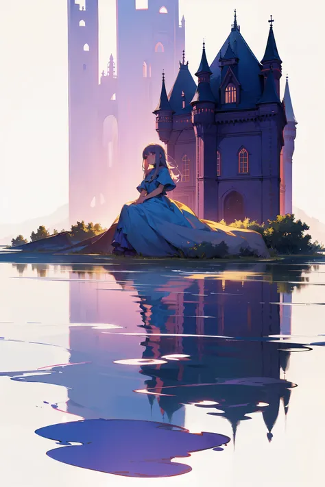 abandoned castle facing the lake, girl sitting on the water，another boy emerged from the water，reflecting the glorious years，the...