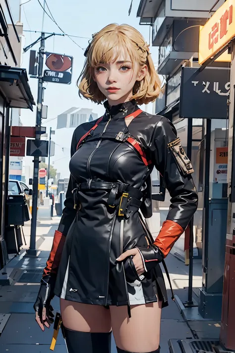 the alone young girl , short light blond hair , vermilion eyes , standing , shotgun , sci-fi city , high detail mature face, com...